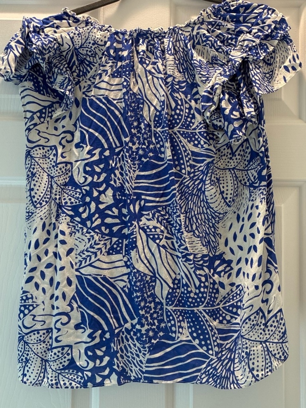 Blue and White Printed Off-Shoulder Women's Top